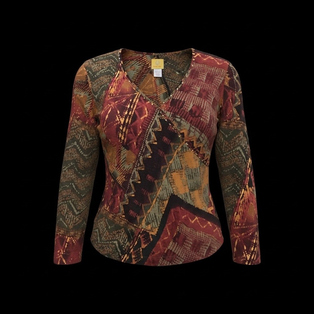 Ruby Rd Women XL Geometric Tribal Print V-Neck Beaded Long Sleeve Top Burgundy